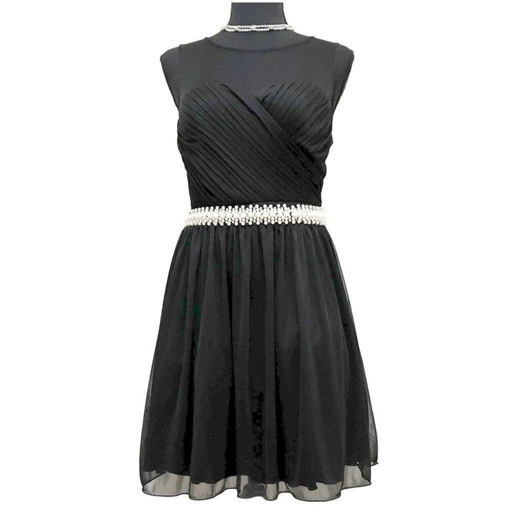 Speechless Mini Dress Black Mesh Pearl Waist Size 5 Cocktail Graduation Hoco - Picture 3 of 14